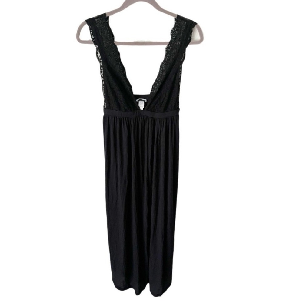 Eberjey Black Lace Plunging V Neck Empire Waist Nightgown Chemise Size Medium